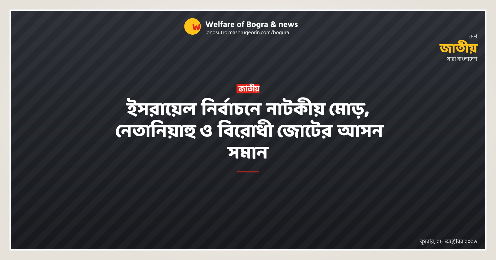 ইসরায়েল নির্বাচনে নাটকীয় মোড়, নেতানিয়াহু ও বিরোধী জোটের আসন সমান