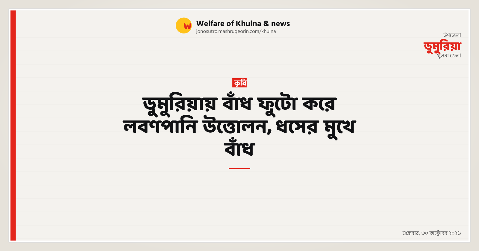 ডুমুরিয়ায় বাঁধ ফুটো করে লবণপানি উত্তোলন, ধসের মুখে বাঁধ
