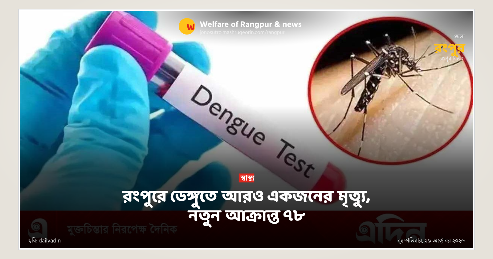 রংপুরে ডেঙ্গুতে আরও একজনের মৃত্যু, নতুন আক্রান্ত ৭৮