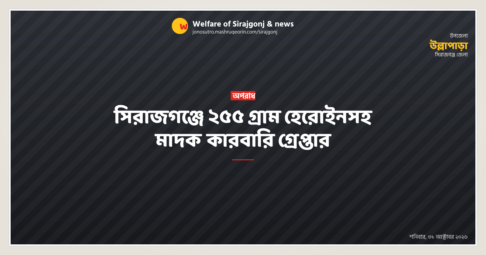 সিরাজগঞ্জে ২৫৫ গ্রাম হেরোইনসহ মাদক কারবারি গ্রেপ্তার